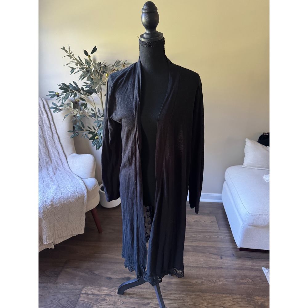 Poof Black Longline Lace Back Duster Cardigan Open Front Mesh Floral Size M